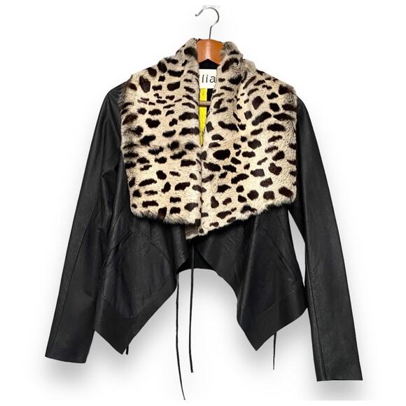 Y2k illia Cropped Black Leather Jacket Leopard Print Rabbit Fur Collar Sz 4/XS - Picture 1 of 12